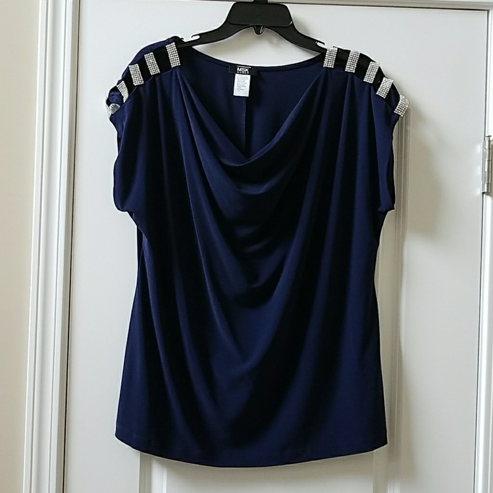 Blue cowl neck top with rhinestone shoulders